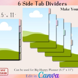 May include: Six side tab dividers with a landscape design, each measuring 8.5 x 11 inches. The dividers feature a blue sky, white cloud, and green hills. The tabs are in various pastel colors. Text includes "6 Side Tab Dividers" and "Make Your Own."