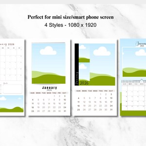 May include: Four different styles of January 2026 calendars with a landscape design featuring green hills and blue skies. The calendars are designed for a mini size/smart phone screen and are 1080 x 1920 pixels.