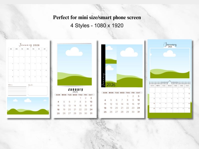 May include: Four different styles of January 2026 calendars with a landscape design featuring green hills and blue skies. The calendars are designed for a mini size/smart phone screen and are 1080 x 1920 pixels.