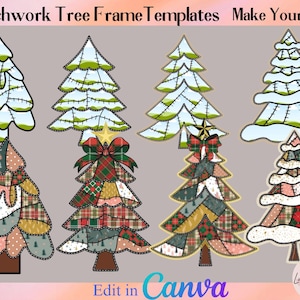 Puede incluir: Una colección de ocho plantillas digitales de marcos de árboles de Navidad. Los árboles presentan diseños de patchwork con varios patrones y colores, incluyendo cuadros, lunares y tonos lisos. Algunos árboles tienen acentos de nieve y adornos de estrella o lazo. El texto en la parte superior dice "Patchwork Tree Frame Templates Make Your Own".