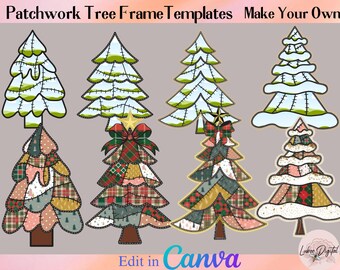 Plantilla de lienzo para marco de árbol de Navidad con diseño de patchwork, plantilla de lienzo con función de arrastrar y soltar, marco de lienzo editable para sublimación con diseño de árbol de Navidad y lazo coqueto.