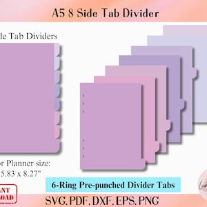 May include: A set of eight A5 side tab dividers in shades of purple, featuring six-ring pre-punched holes. The text reads A5 8 Side Tab Divider, 8 Side Tab Dividers, For Planner size: 5.83 x 8.27", 6-Ring Pre-punched Divider Tabs, and INSTANT DOWNLOAD.