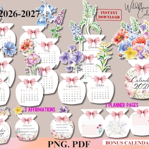 Calendário de Flores Silvestres 2026-2027, Calendário de Mesa Imprimível com Vaso de Flores em PNG para Cricut, Calendário Floral em Aquarela, Presente para Amantes de Plantas Botânicas