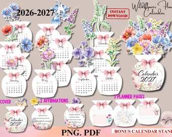 2026-2027 Wildflower Calendar,Printable Flowers Vase Desk Calendar PNG Cricut,Watercolor Floral Calendar Botanical Plant Lover Gift