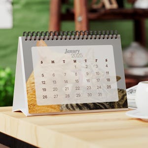 May include: A desk calendar with a cat on the cover. The calendar is open to January 2025 and shows the days of the week and the numbers for each day. The cat is a tabby with brown and white fur.