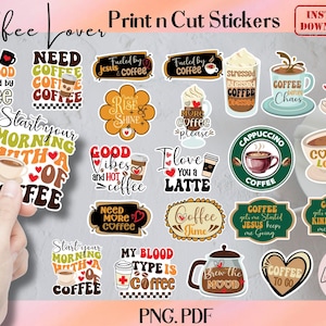 Paquete PNG de pegatinas con frases y refranes sobre café, divertidas pegatinas imprimibles por sublimación para amantes del café. Imprime y corta pegatinas para amantes del café.