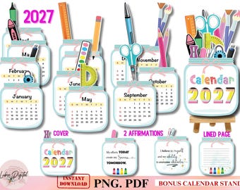 Puede incluir: Un conjunto de calendario digital 2027 con páginas en forma de frascos decoradas con útiles escolares como lápices, reglas, tijeras y pinceles. Incluye calendarios mensuales, una portada, tarjetas de afirmación, una página rayada y soporte.
