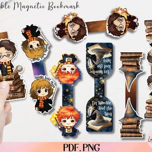 Peut inclure: Une collection de marque-pages magnétiques imprimables avec des personnages de dessins animés portant des lunettes, des écharpes et des baguettes. Les marque-pages comportent le texte "Books hold Magic" et "Lot wonder, lead the way". L'image comprend également le texte "Printable Magnetic Bookmark" et "PDF.PNG".