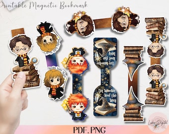 Puede incluir: Una colección de marcadores magnéticos imprimibles con personajes de dibujos animados con gafas, bufandas y varitas. Los marcadores tienen el texto "Books hold Magic" y "Lot wonder, lead the way". La imagen también incluye el texto "Printable Magnetic Bookmark" y "PDF.PNG".