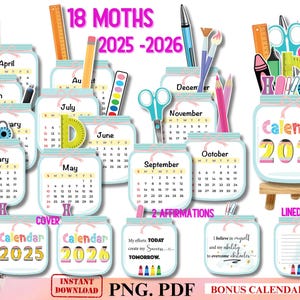 2025-2026 Lehrer-Tischkalender Druckbarer Kalender, Schulkalender, Monatskalender, Minikalender, Geschenk für Lehrer, PNG-Kalender für Cricut