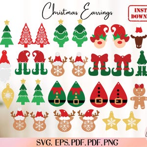 Könnte beinhalten: Ein Set mit 24 Weihnachts-Ohrring-Designs, darunter Bäume, Rentiere, Elfen, Lebkuchenmänner und Ornamente. Die Designs sind in Rot, Grün, Weiß und Braun.