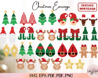 Paquete de pendientes navideños SVG, pendientes cortados con láser SVG, archivo de corte para pendientes, pendientes de piel sintética, archivo de corte para Cricut, Glowforge SVG