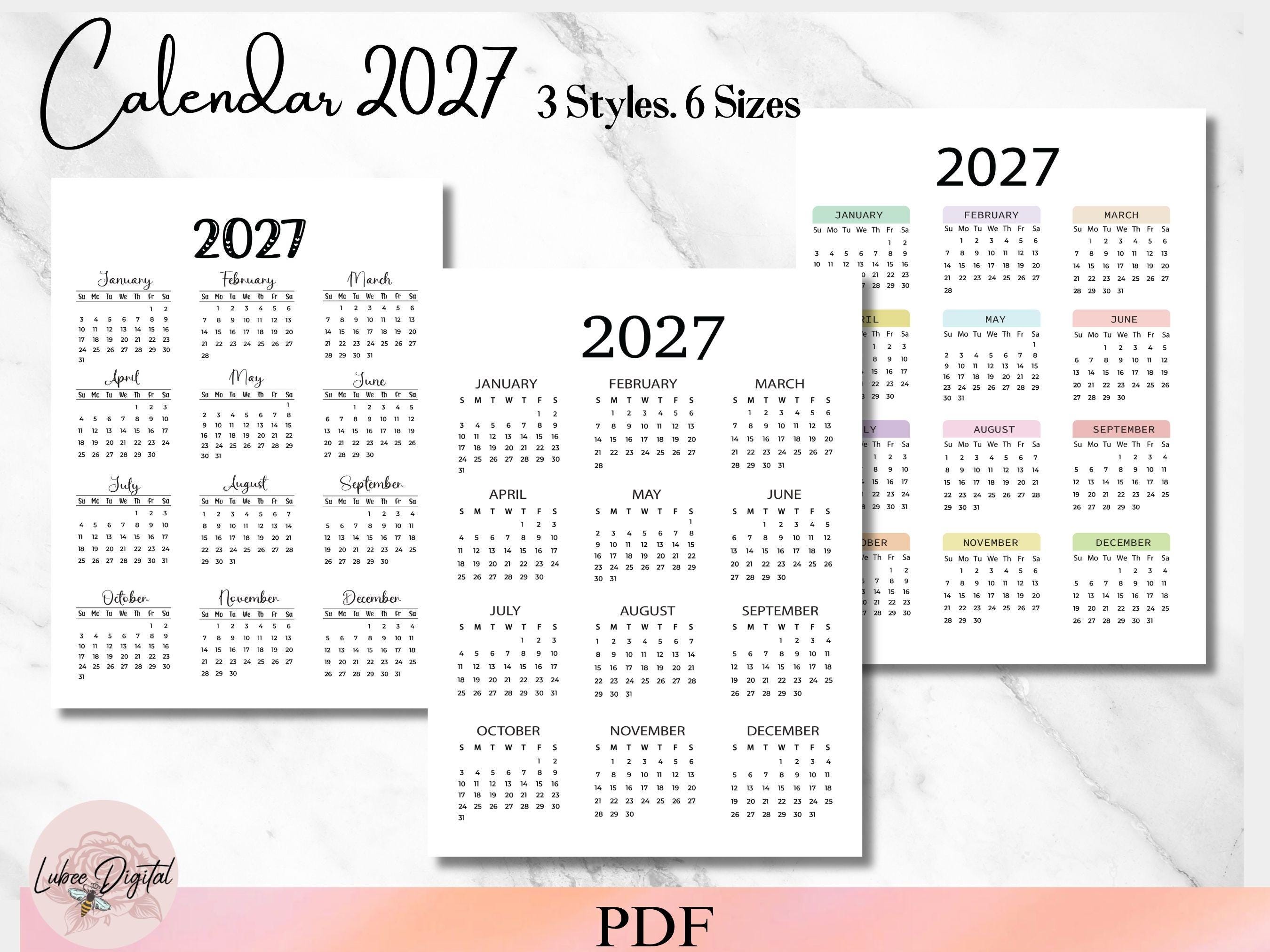 2027 Calendar Printable Year at a Glance Printable Download PDF, Full