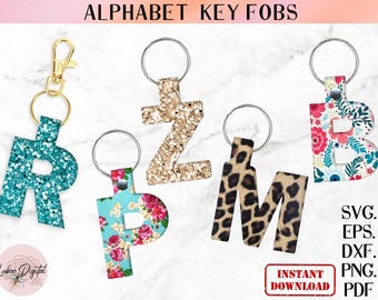 Alphabet Key Fob Template,Faux Leather Keychain Template SVG, Leather Wristlet Keyring,Letter Charm Zipper Pull Cut File