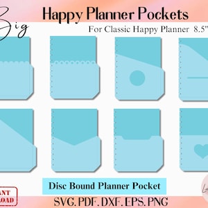 Puede incluir: Conjunto de ocho bolsillos para planificadores azules diseñados para un Happy Planner clásico, que mide 8,5 pulgadas por 11 pulgadas. Los bolsillos presentan varios diseños, que incluyen un borde festoneado, un círculo, una línea, un corazón y un pliegue diagonal.