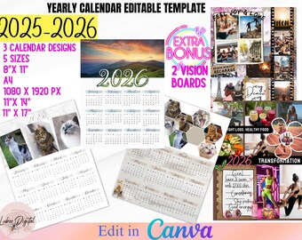2025-2026 Calendar Template, Photo Yearly Calendar,2025 Wall Calendar,Blank Calendar,Editable Calendar,Canva Editable Calendar,DIY Calendar