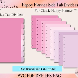 Könnte beinhalten: Rosa und lavendelfarbene Seitentrennblätter für einen Classic Happy Planner. Die Trennblätter sind scheibengebunden und in verschiedenen Rosatönen erhältlich. Die Abmessungen betragen 17,78 cm x 23,5 cm. Der Text "Classic Happy Planner Side Tab Dividers" ist ebenfalls enthalten.