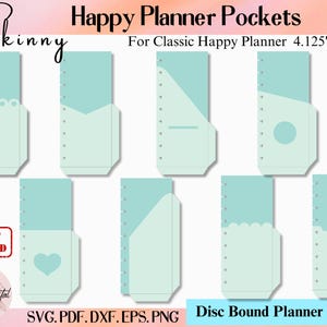 May include: Digital planner pockets in various designs, including scalloped edges, a heart, and a circle. The pockets are light blue and white, designed for a Classic Happy Planner, measuring 10.5 cm x 23.5 cm. The image includes the text "Skinny" and "Happy Planner Pockets".