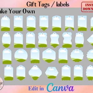 Peut inclure: Ensemble de 24 étiquettes cadeaux ou étiquettes imprimables avec une variété de formes et de designs. Les étiquettes ont un fond de ciel bleu, de nuages blancs et d'herbe verte. Le texte "Make Your Own" et "Edit in Canva" est inclus dans l'image.
