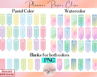 May include: Set of printable pastel and watercolor paper clip designs for planners. The designs include phrases like "Start to Day", "Take Note", "Things to Do", "This Week", "To Do", "Today", "Weekend", "Appointment", "Celebrate", "Check It Off", "Don't Forget", "Errands", "Focus On", "Get It Done", "Important", "Love This", "Noted", "Plan On It", "Remember This", "Reminder", "Reschedule", and blank designs.