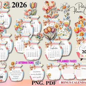 Puede incluir: Una descarga digital con un Calendario de Flores Patchwork 2026. El calendario incluye páginas mensuales, afirmaciones y páginas de planificación. El diseño incorpora elementos florales y una forma de jarrón, con el texto "2026" y "Patchwork Flower Calendar".