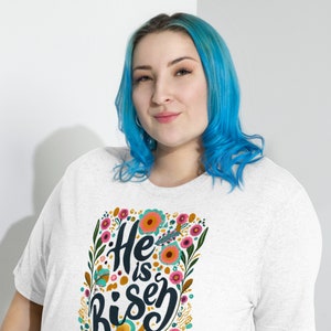 Faith-inspired Women's Short Sleeve Tee - He Is Risen!, Unique Catholic Gifts For Moms, Teens, Girls on Easter, Resurrection Sunday