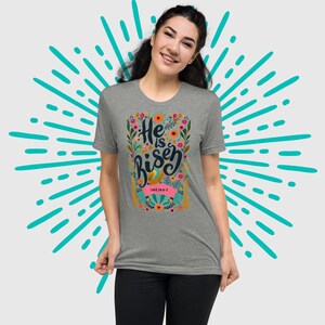Faith-inspired Women's Short Sleeve Tee - He Is Risen!, Unique Catholic Gifts For Moms, Teens, Girls on Easter, Resurrection Sunday
