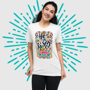 Faith-inspired Women's Short Sleeve Tee - He Is Risen!, Unique Catholic Gifts For Moms, Teens, Girls on Easter, Resurrection Sunday