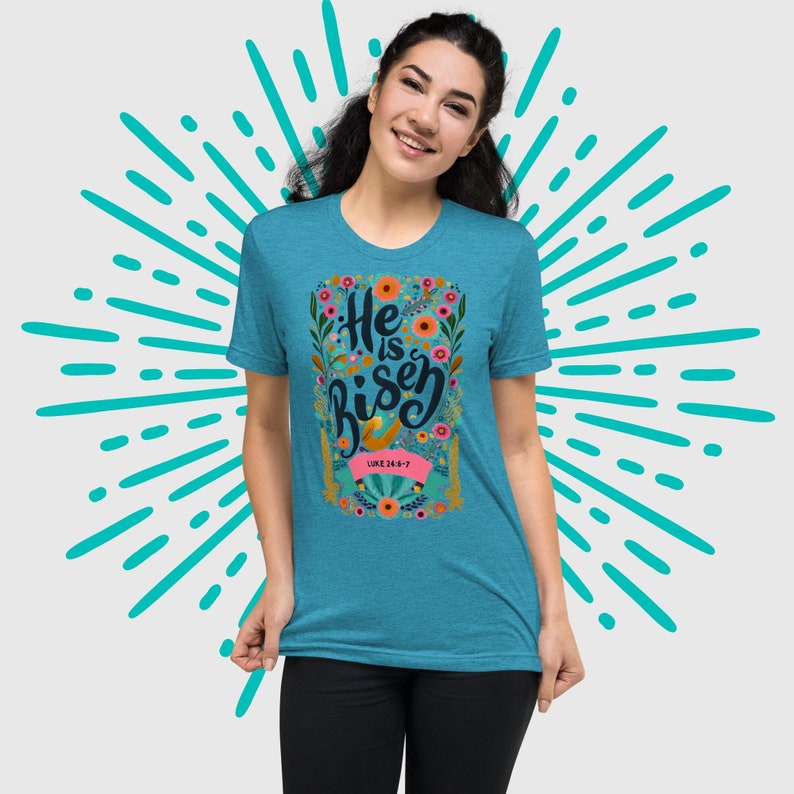 Faith-inspired Women's Short Sleeve Tee - He Is Risen!, Unique Catholic Gifts For Moms, Teens, Girls on Easter, Resurrection Sunday