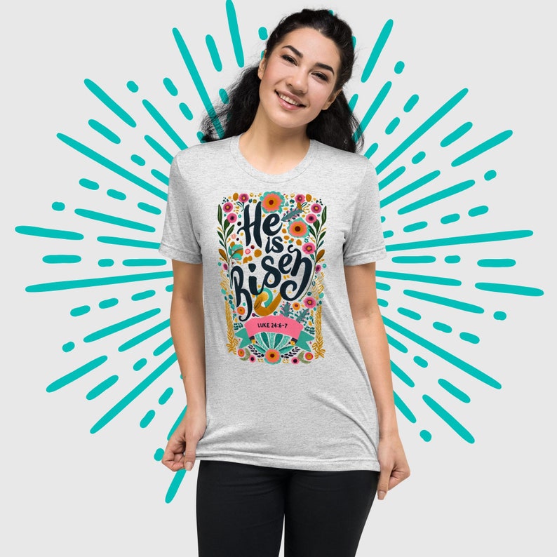 Faith-inspired Women's Short Sleeve Tee - He Is Risen!, Unique Catholic Gifts For Moms, Teens, Girls on Easter, Resurrection Sunday