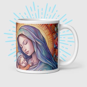 Catholic Mother Mary Ceramic Coffee Mug - Baby Jesus and Watercolor Roses - Unique Catholic Gifts