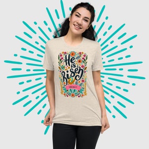 Faith-inspired Women's Short Sleeve Tee - He Is Risen!, Unique Catholic Gifts For Moms, Teens, Girls on Easter, Resurrection Sunday