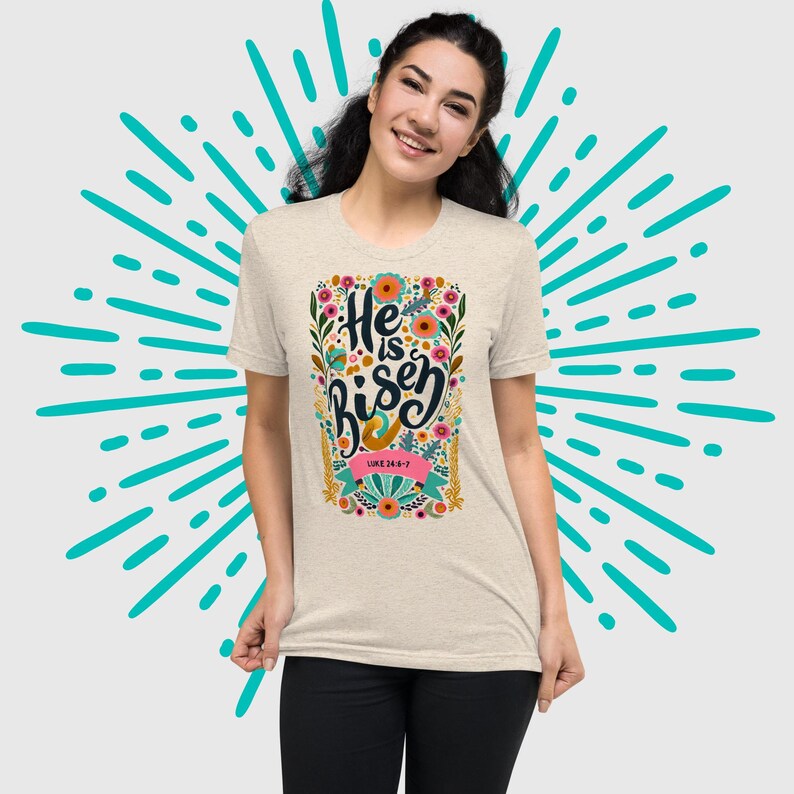Faith-inspired Women's Short Sleeve Tee - He Is Risen!, Unique Catholic Gifts For Moms, Teens, Girls on Easter, Resurrection Sunday