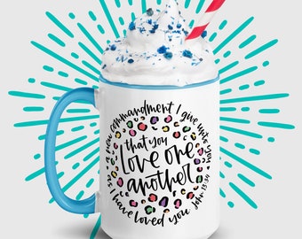 Love One Another Mug, Colorful Cheetah Print, Valentines Day Present, Gift for Christian Moms, Present for Her Him, Bible Quotes Coffee Mug