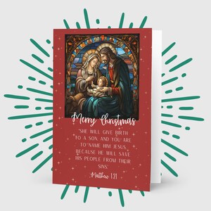 Witrażowa szopka z życzeniami z Ewangelią Mateusza 1:21 - Podziel się radością Bożego Narodzenia - Wyjątkowe prezenty katolickie