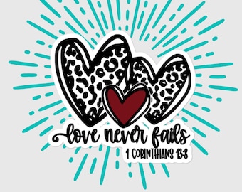 Love Never Fails Cheetah-Print Sticker, Valentine's Day Gifts for Christian Her Him, Bible-Verse Water Bottle Sticker, Unique Catholic Gifts