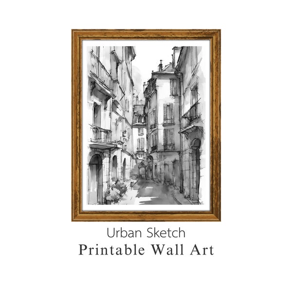 Vintage Urban Sketch, Italy City Alley Sketch, Wall Art printable, antique architecture, European City Sketch, Gallery Wall, Travel Sketch