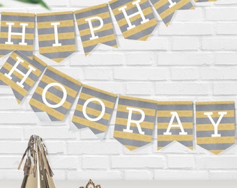 Hip Hip Hooray Bunting, DESCARGA INSTANTE, Empavesado de rayas metálicas de plata dorada, DIY editable e imprimible, Banner de bandera de cumpleaños de celebración