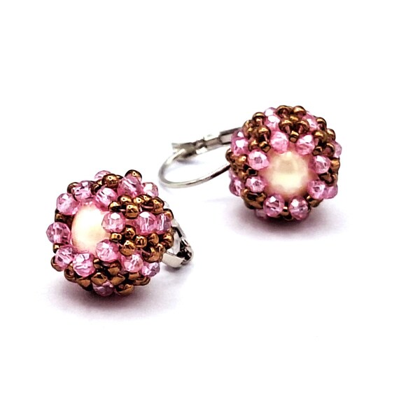 Handcrafted Cream Beaded Pearl Earrings with Elegant Rose Beadwoven Design - Leverback Style