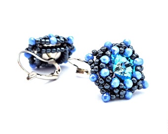 Oceaanblauwe Rivoli kralengeweven hendel-back oorbellen-handgemaakte kralen sieraden
