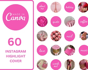 May include: 60 pink Instagram highlight covers with various designs, including a quote, coffee, nail, music, love, work out, holiday, about me, and more.