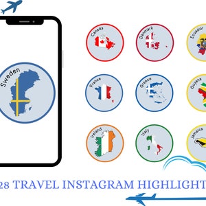 Puede incluir: Una pantalla de teléfono inteligente que muestra un círculo azul con un mapa de Suecia y la palabra "Suecia" en texto blanco. El círculo está sobre un fondo blanco. El teléfono está rodeado de una nube azul con un avión volando por encima. Hay otros nueve círculos con mapas de diferentes países y sus nombres en texto blanco. El texto "128 TRAVEL INSTAGRAM HIGHLIGHTS" está debajo del teléfono.