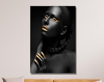 Gold African Woman Wall Art, Gold Girl Canvas, Gold African Women Canvas, African Art Gift, Reproduction Wall Art, Living Room Decor Gift 29