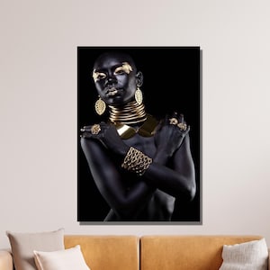 African American Woman Canvas Wall Art, African Girl Canvas Paintings Wall Art, Gold Jewelry&Makeup, Reproduction, Home/Office Wall Decor 8