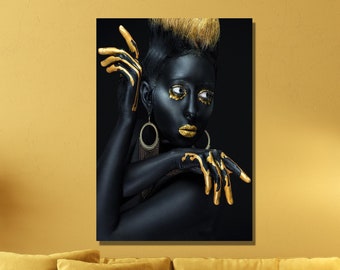 Gold African Woman Wall Art, Gold Girl Canvas, Gold African Women Canvas, African Art Gift, Reproduction Wall Art, Living Room Decor Gift 26