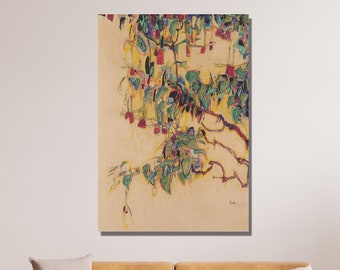 May include: Abstract painting of a tree branch with green leaves and red flowers. The painting is done in a style reminiscent of Expressionism.
