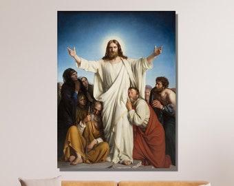 Op de afbeelding: Een schilderij dat Jezus Christus met uitgestrekte armen toont, omringd door zijn discipelen. Het schilderij is tegen een blauwe lucht geplaatst met een halo van licht rond Jezus' hoofd. De discipelen zijn gekleed in eenvoudige gewaden en lijken met ontzag naar Jezus te kijken.