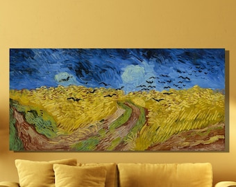 May include: A painting of a field of wheat with a path leading through it. The sky is blue with white clouds and there are birds flying overhead.