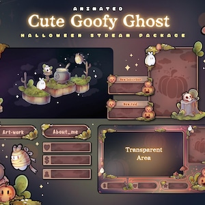May include: Animated Halloween stream package with a "Cute Goofy Ghost" theme. The design incorporates animated elements like ghosts, pumpkins, and a cauldron, with text labels including "Art-work" and "About_me". The colour scheme is dark with earthy tones.
