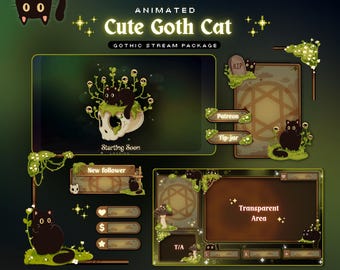 Animated Cute Goth Cat Stream Package, Twitch screen, Black Cat Overlay Stream Package, Cat Twitch Cute Twitch Overlay Vtuber star overlay
